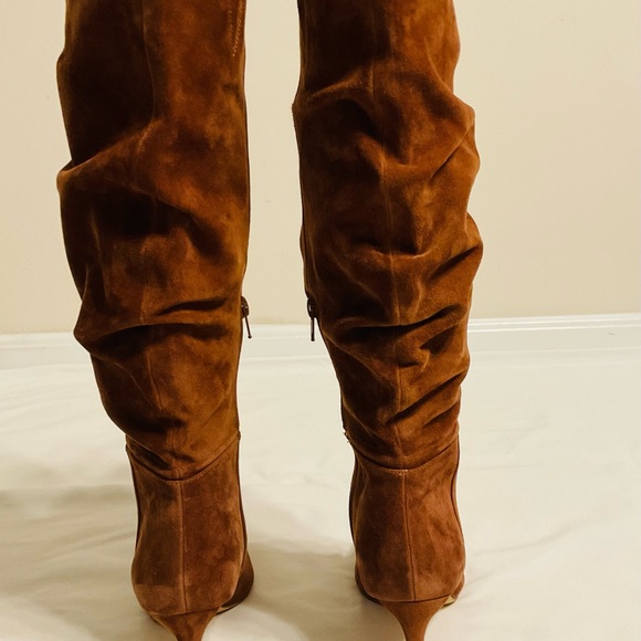 White House Black Market Cognac Suede Tall Heeled Boot~Size 7M~Side Zip~NEW! - Picture 8 of 9